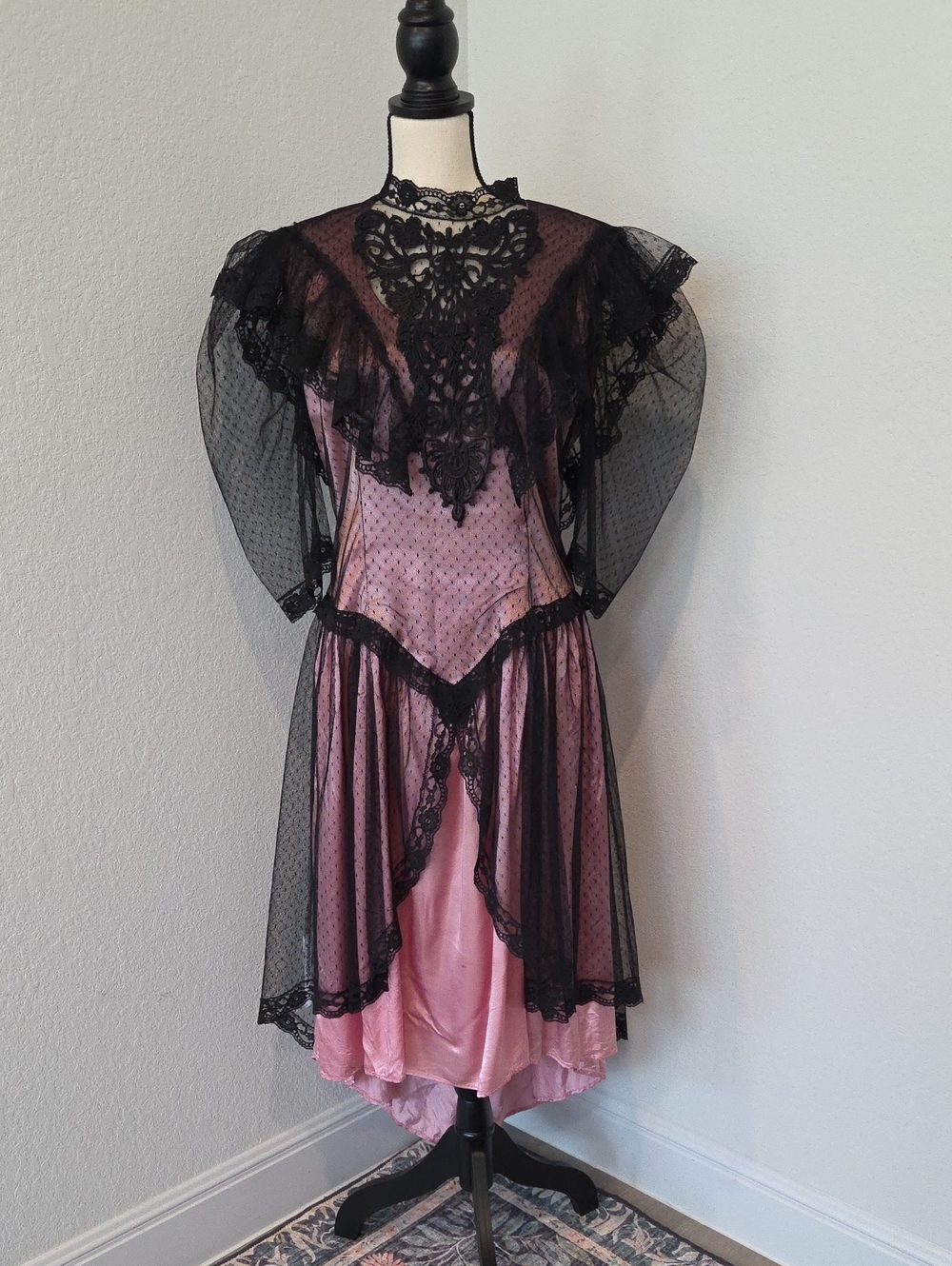 Vintage 80s Ruffles Pink Black Lace Yoke Dress Victorian Halloween Haunted Lady